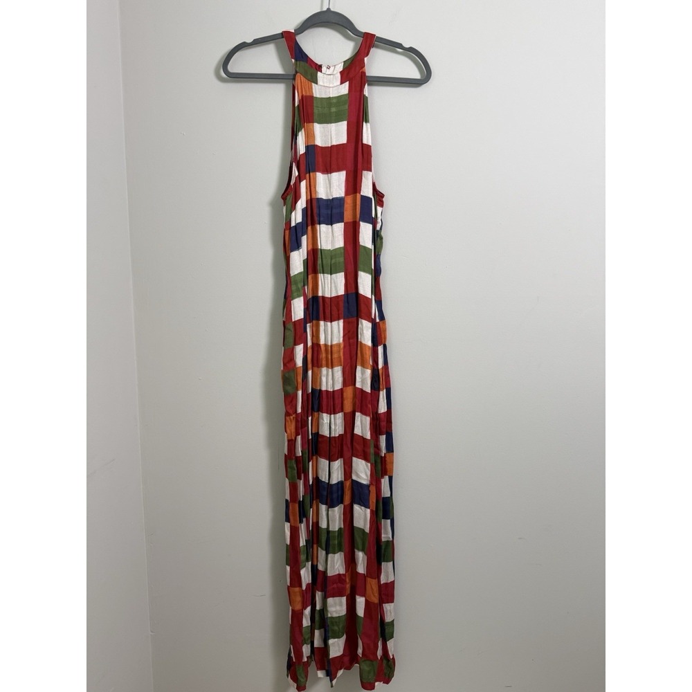 Farm Rio Anthropologie Jumpsuit Sz L Halter Mock Neck Gingham Colorful Festival - Picture 2 of 12